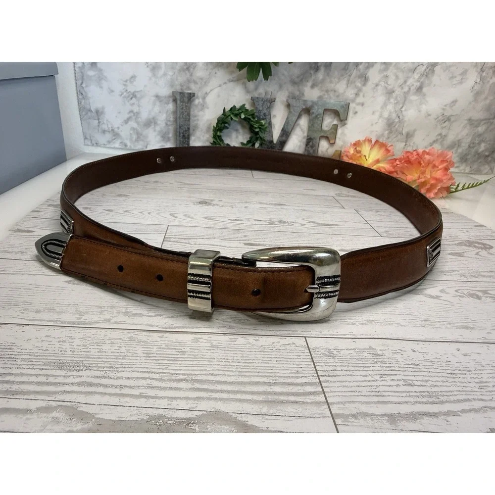 Vintage Brown Silver Tone Buckle Mens Belt Top Grain Leather Size 42 Fits to 44